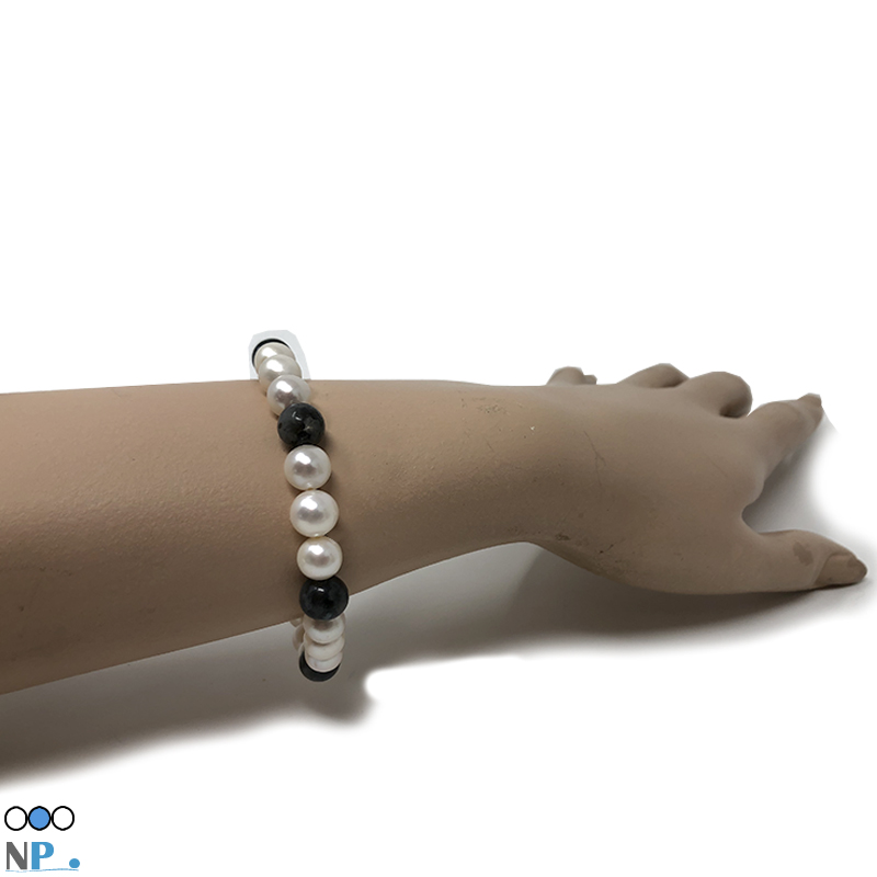 Bracelet de perles de culture blanches avec Pierres semi-precieuses d'Obsidienne authentiques et naturelles